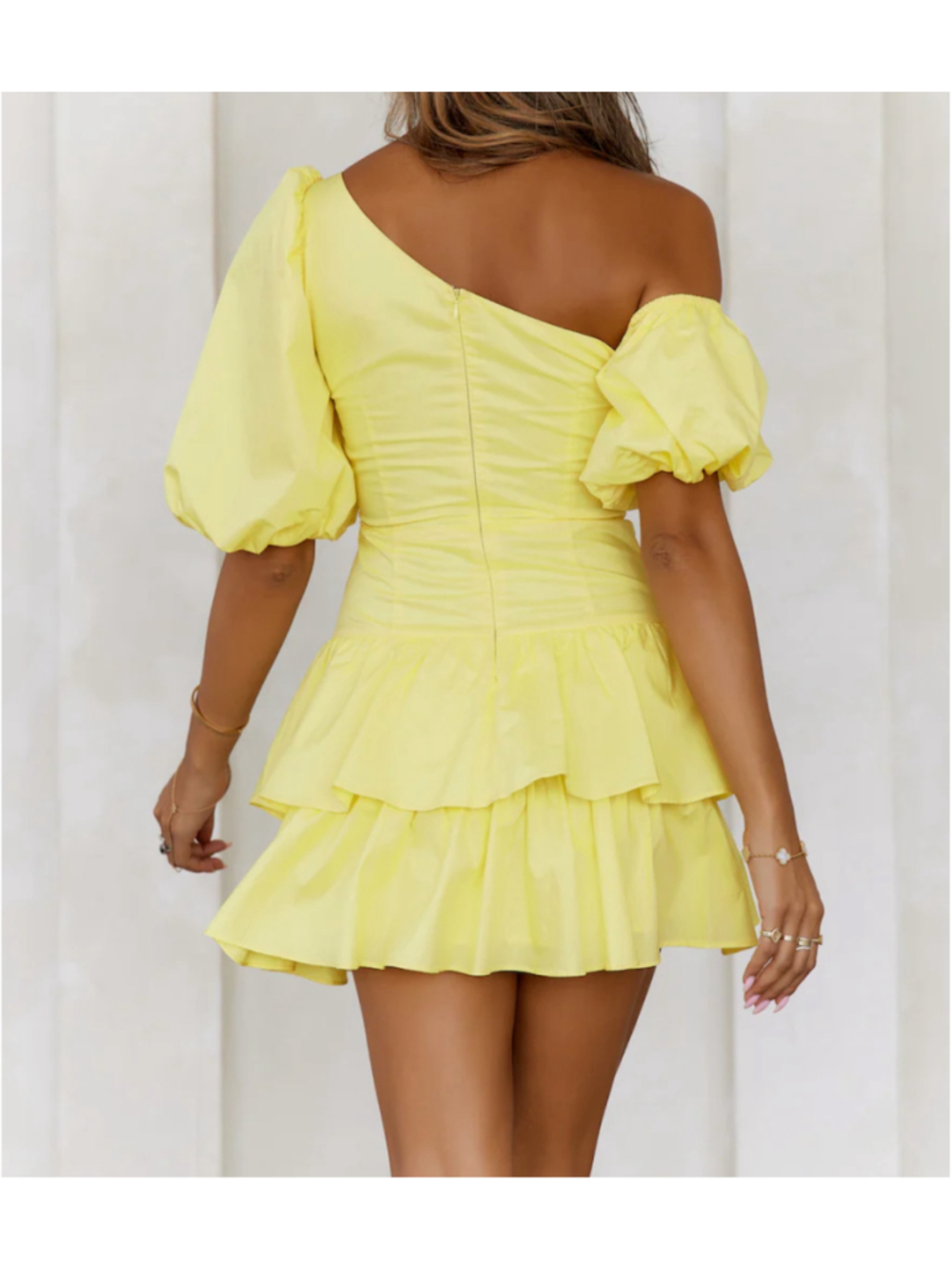 HelloMolly Dress Sz M Yellow Puff Sleeve Tiered Ruffle Mini Cottagecore Babydoll - Picture 2 of 13